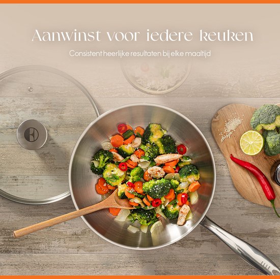 Poêle wok ELLE Gourmet Classique en acier inoxydable avec couvercle - Ø 28 cm - Sans PFAS - Induction