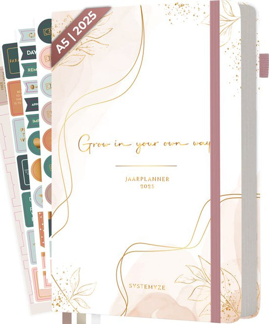 Systemyze Agenda 2025 Adultes - Planificateur - Journal - Organiseur - Feuilles d'autocollants incluses - Format A5 - Rose