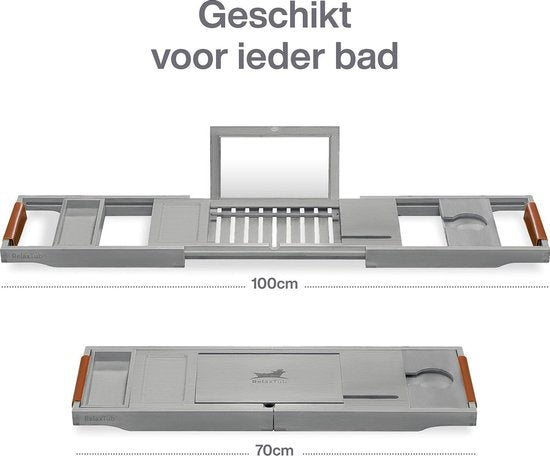 RelaxTub® Bathboard - Planche de bain pour la baignoire - Support de bain - Réglable - Antidérapant - Planche de bain grise - Planche de bain en bois - Support de bain avec porte-livre, porte-tablette et miroir