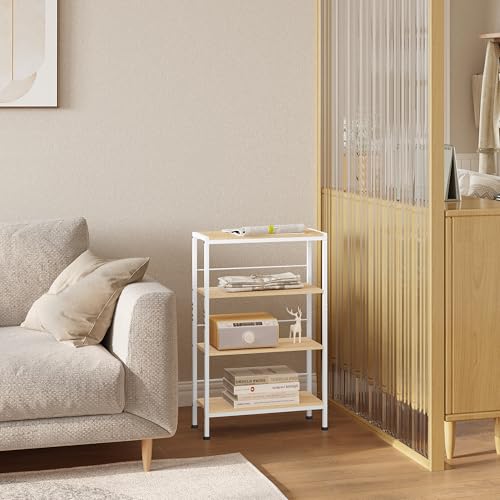 Woltu Etagère d'angle à 4 niveaux Style nordique - Bois et métal Chêne clair + blanc - 50 x 20 x 78 cm