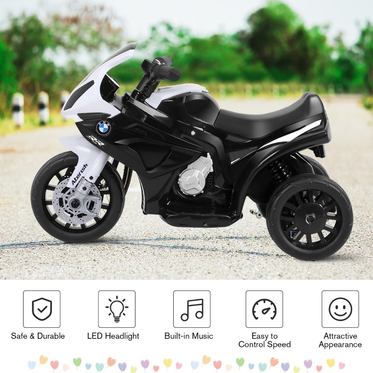 Coast - Moto électrique pour enfants 3 roues - 6V, rechargeable, max. 20 kg - 66 x 37 x 44,5 cm - PP/Iron - Noir/Blanc