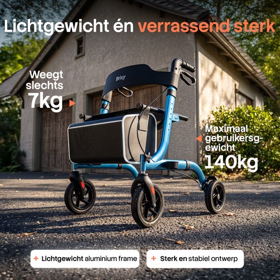 Rollator Brixy - Léger et pliable - Roues en caoutchouc à 360° - Siège intégré - Utilisation à l'intérieur et à l'extérieur - Dossier, sac et support pour canne - Bleu