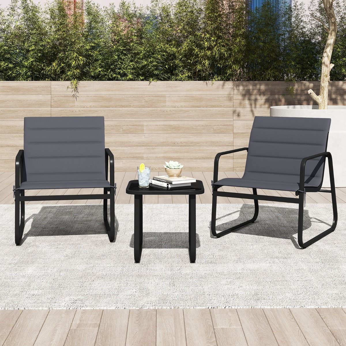 Ensemble de jardin Coast 3 pièces - chaises d'extérieur avec coussins amovibles - table d'appoint en verre trempé - gris et noir