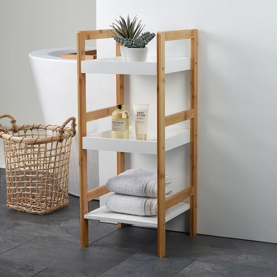 Petite commode d'appoint en bambou / étagère de salle de bains blanche/marron avec 3 étagères 30 x 30 x 72 cm - Commodes d'appoint