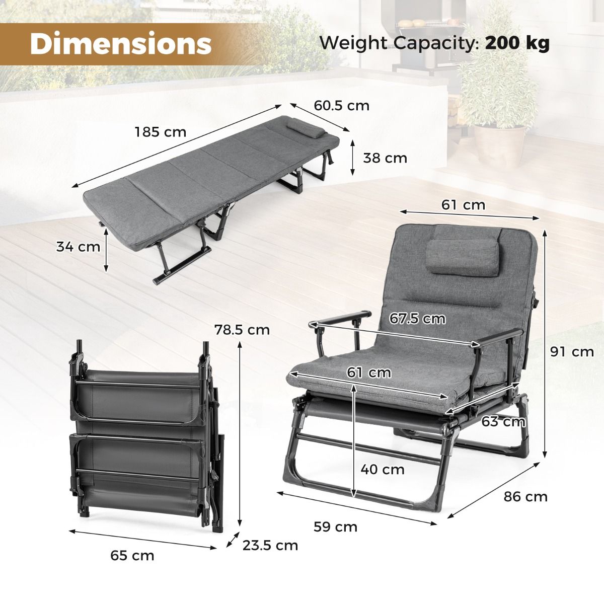 Lit de camping Coast 3-en-1 : lit de camp et chaise longue pliables - 6 positions - Gris et noir