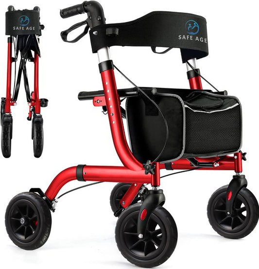 Safe Life® Rollator léger et pliable - fonction assise - pour l'intérieur et l'extérieur - dossier et support de canne - Rouge