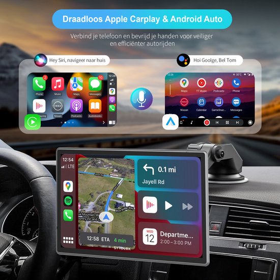 Écran Strolox CarPlay 9 pouces - Compatible avec Apple CarPlay et Android Auto - Sans fil - Système de navigation - Autoradio universel Bluetooth - Connexion USB-C - 2 supports de fixation - 2024