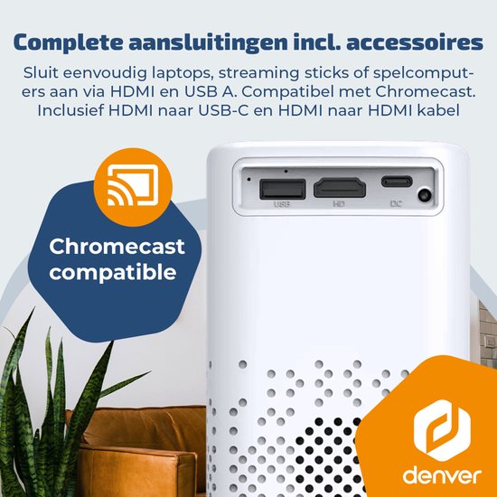 Projecteur portable Denver - 4K 3840 x 2160 p - 150 lumens ANSI - Projecteur - Batterie intégrée - Home cinéma - HDMI - USB-C - PR4700