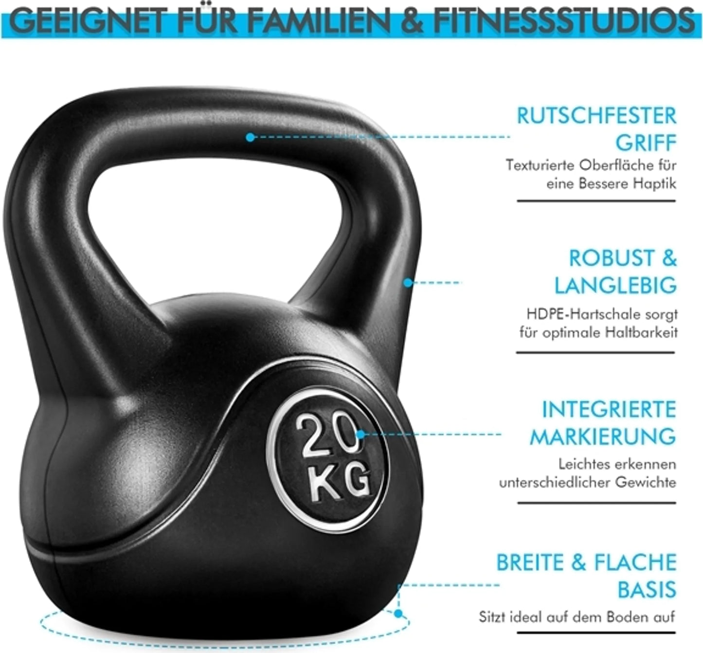 Yaheetech Kettlebell 20 kg - 27.5 x 26.5 x 34 cm - Poignée ergonomique, boîtier en plastique anti-rayures et remplissage en ciment - Pour la musculation et la gym à domicile - Plastique noir et béton