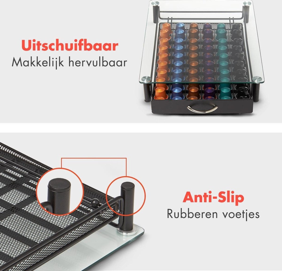 KitchenBrothers Porte-capsules - avec tiroir - Nespresso - 60 tasses - Verre - inox/noir