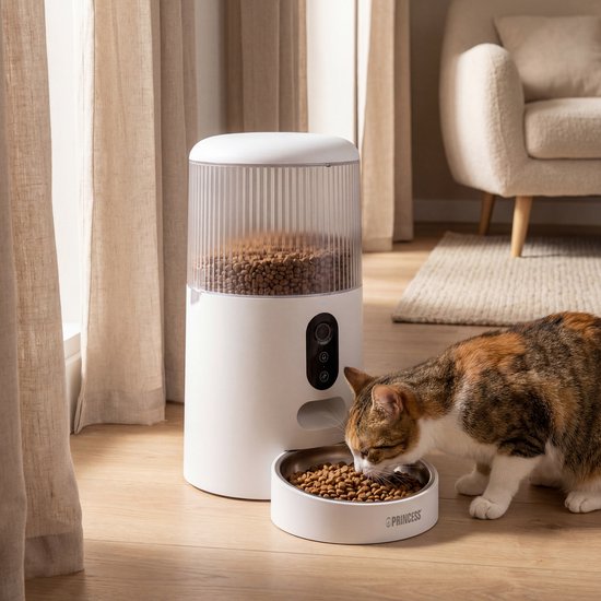 Mangeoire automatique Princess - Caméra HD et fonction intelligente - 4 litres – Chat et chien – Commande via application – Repas programmables – Bol en acier inoxydable – Batterie de secours – Distributeur automatique de nourriture – 610045
