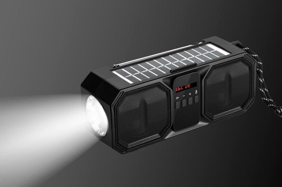 Denver Radio d'urgence - Haut-parleur Bluetooth - Banque d'énergie solaire - 80W - Radio FM - Lampe de poche - USB - BTG158 - Noir