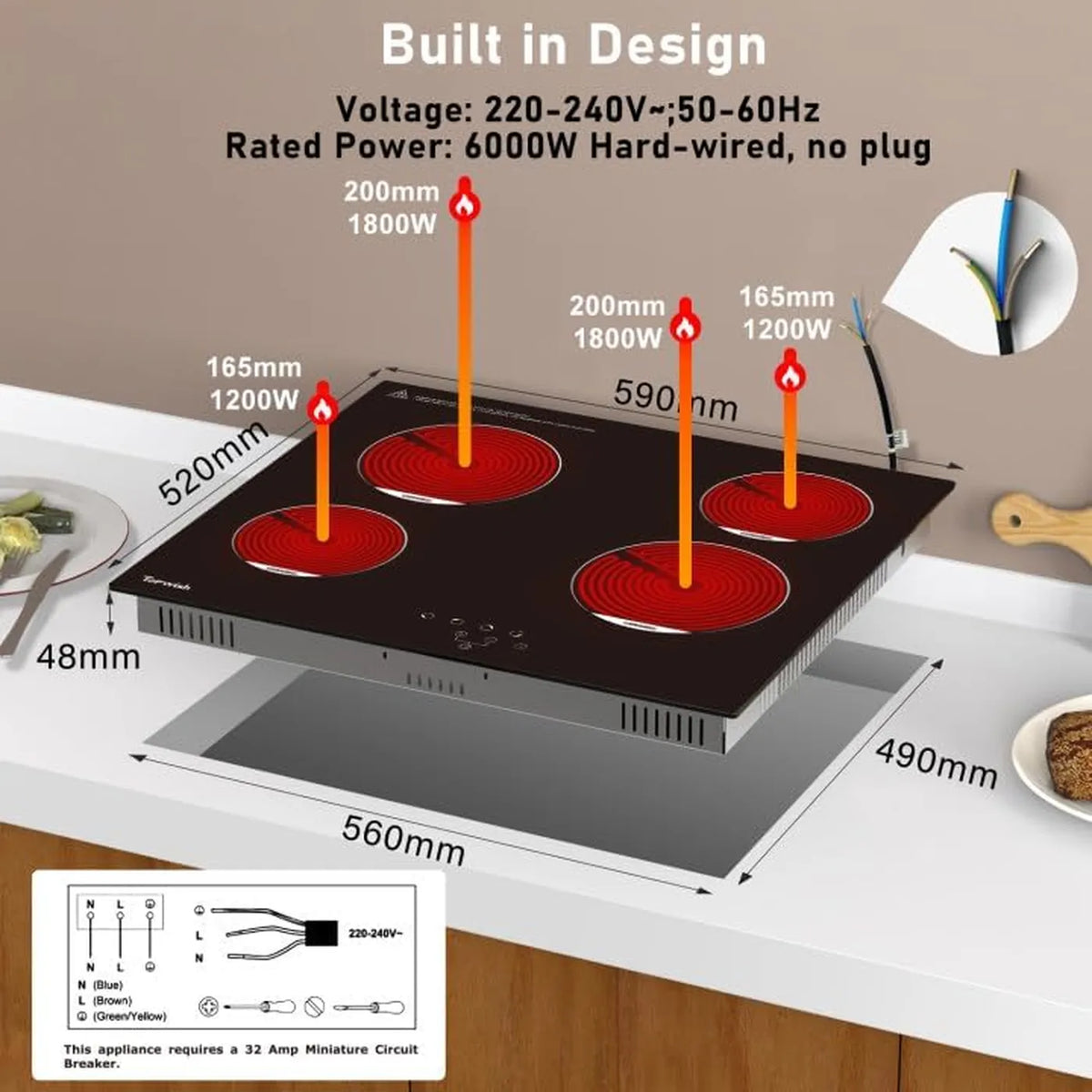 Plaque de cuisson encastrable en céramique Topwish 4 zones - 60 cm - 6 600 W - Commande tactile - Sécurité enfants
