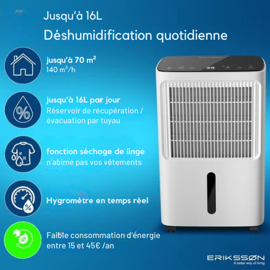 Déshumidificateur - Erikssøn – 16L / jours - Fonction Séchage Linge - Adapté pour Chambre, Salle de Bain, Salon - Blanc