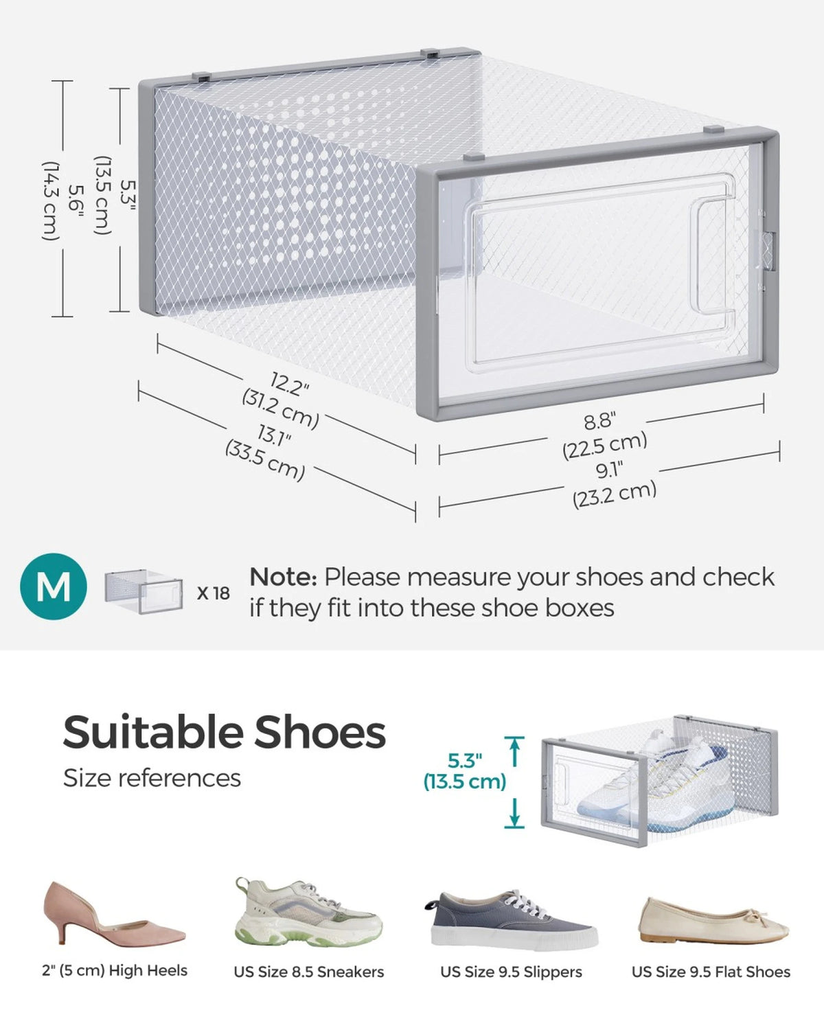 Lot de 18 boîtes à chaussures Joyfurnos - Transparentes et grises - Empilables - 33,3 x 23,1 x 14,3 cm par boîte