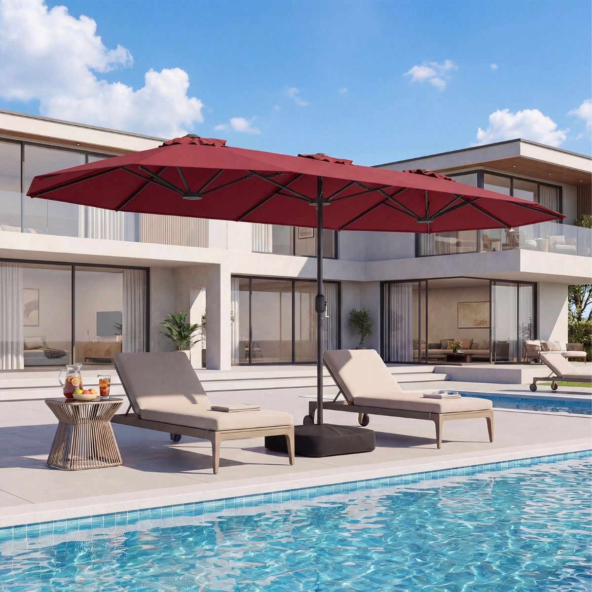 Parasol double Coast - toile extra-large - pied lesté - Rouge vin 400 x 212 cm