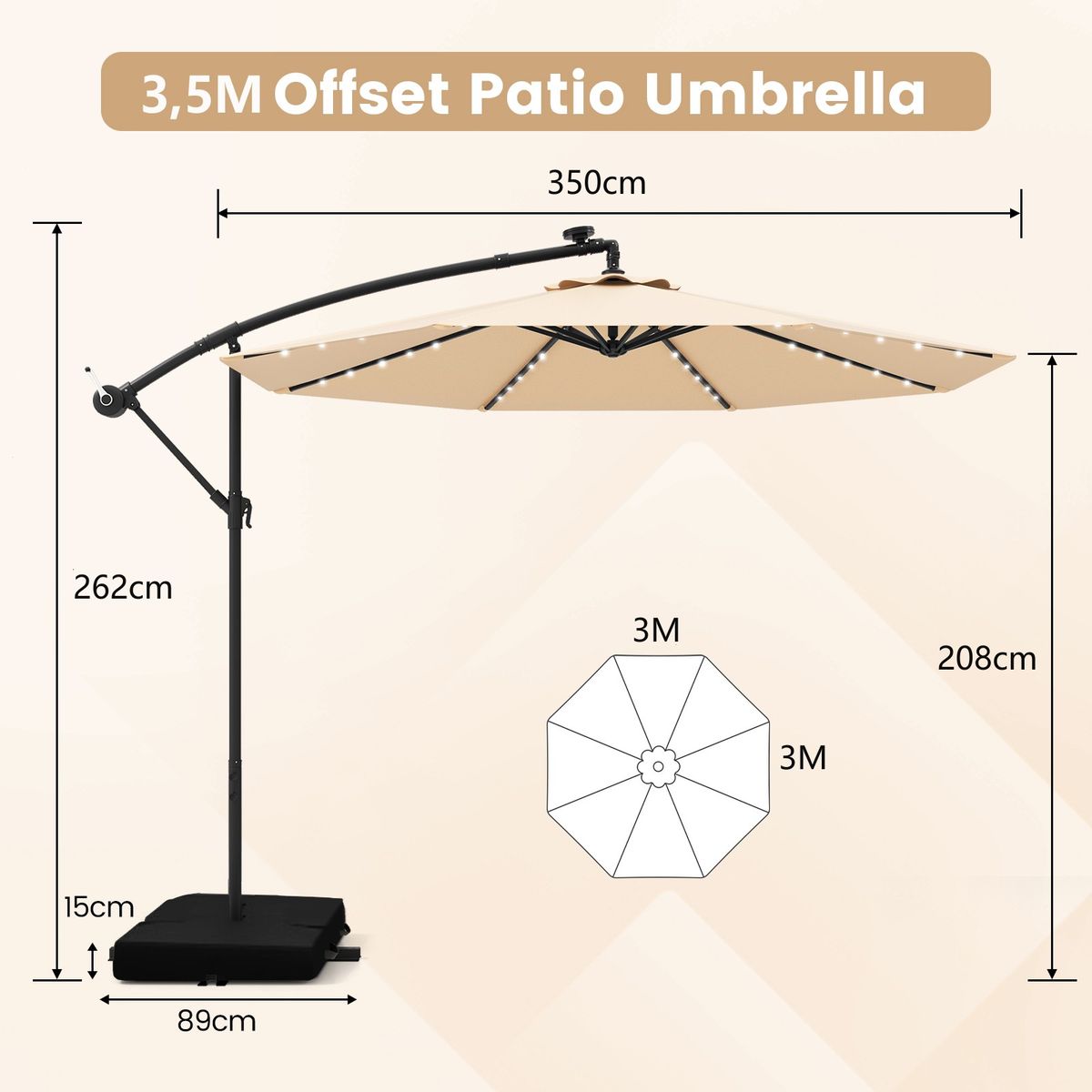 Parasol de terrasse Coast avec éclairage LED à énergie solaire - bras réglable - beige - Ø 350 cm