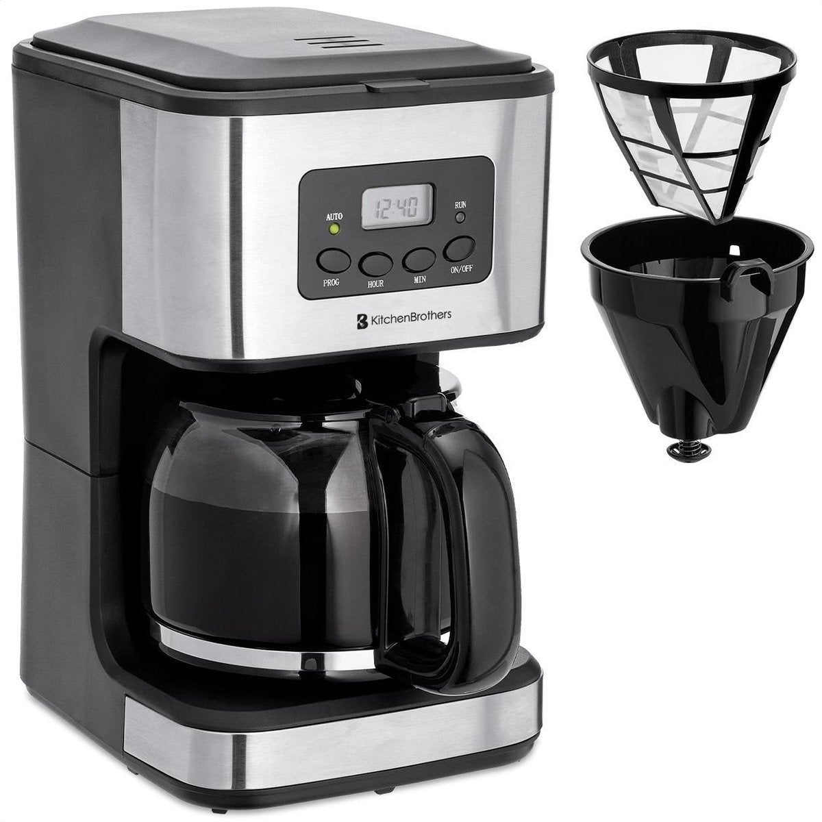 Cafetière KitchenBrothers - Avec pichet en verre - 12 tasses - Noir