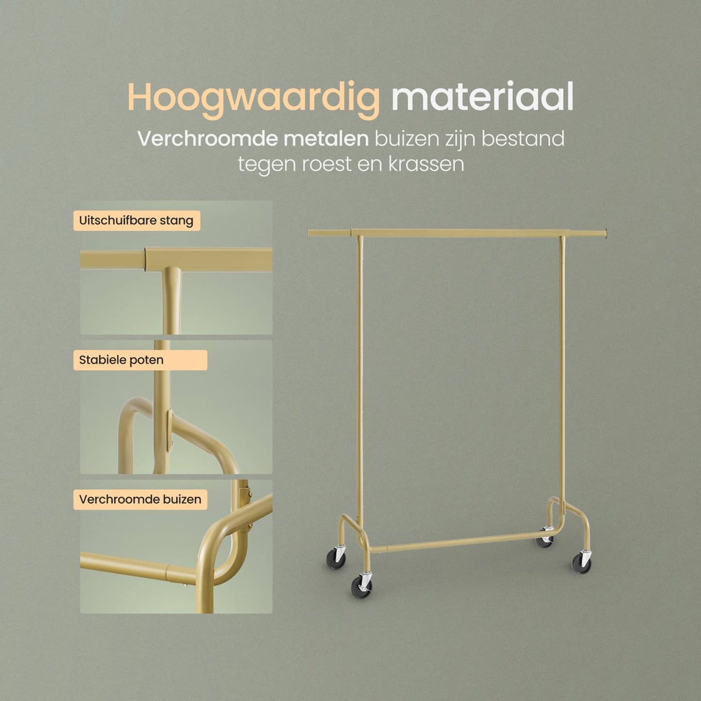 O'DADDY® Porte-vêtements sur roulettes - Capacité jusqu'à 130 kg - acier inoxydable - 45 x 150 x 162,8 cm - Or