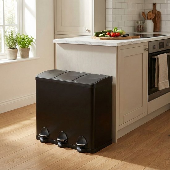 Bayt Poubelle - Poubelle 60 litres - Poubelle 60 litres - Poubelle à pédale 60 litres - Poubelle 3 compartiments - Poubelle tri sélectif - 3x 20 litres - inox - Noir