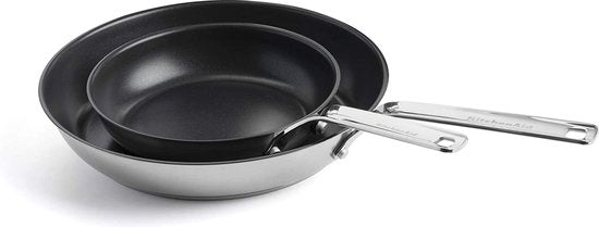 Ensemble de poêles KitchenAid en acier inoxydable, 2 pièces - 20/28 cm - Revêtement antiadhésif sans PFAS - Ensemble de poêles compatible induction - Poêle en céramique - Résistant au four jusqu'à 160 °C - Argent