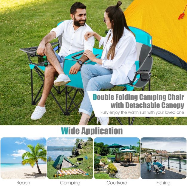 Chaise de camping de luxe pour 2 personnes avec auvent réglable, glacière et sac de transport - idéale pour les activités de plein air