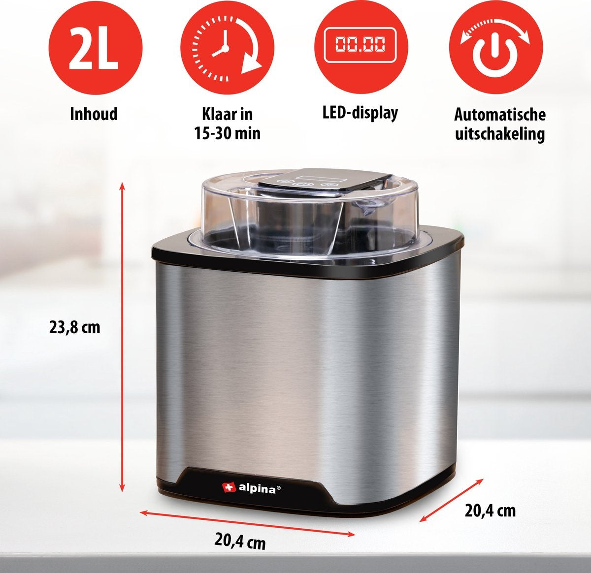 alpina Ice Cream Machine - Sorbetière 2L - Glace, Yoghourt glacé, Sorbet, etc. - Acier inoxydable - Argent