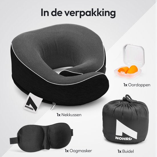 NOHRD Oreiller cervical pour avion - Oreiller de voyage - Noir - Mousse à mémoire de forme - Bouchons d'oreille, masque de sommeil et sac de transport inclus - Mousse à mémoire de forme - Soutien cervical