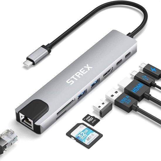 Strex 8 in 1 USB C Hub - Docking Station - USB Splitter - 4K HDMI - USB A - USB C - Ethernet - Micro SD - Convient aux ordinateurs portables, Macbook, Windows