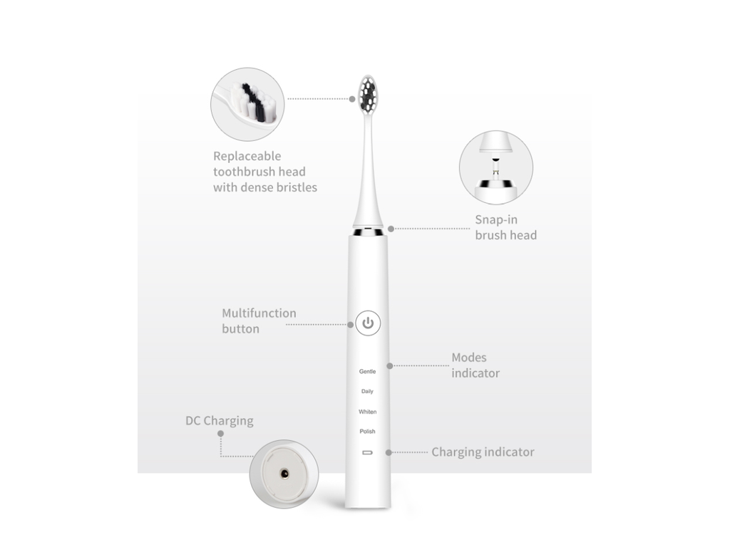 Brosse à dents électrique sonique Seago SG-972-S2 - Blanche - 26,9 x 2,6 x 2,6 cm - 40 000 vibrations par minute - 5 modes de brossage - 2 têtes de brosse