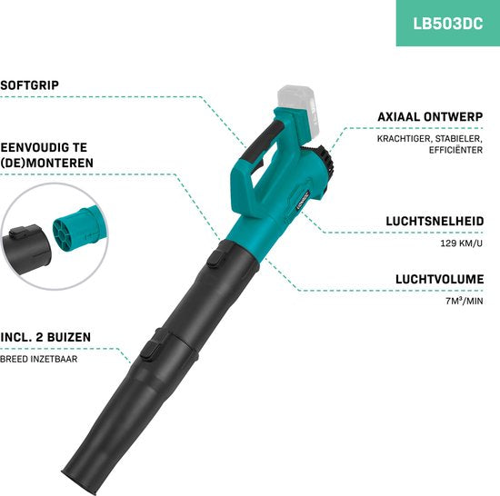 VONROC Accu Leaf Blower 20V - Modèle axial - Vitesse d'air 129 km/h - Volume d'air 7m3/min - Sans batterie ni chargeur