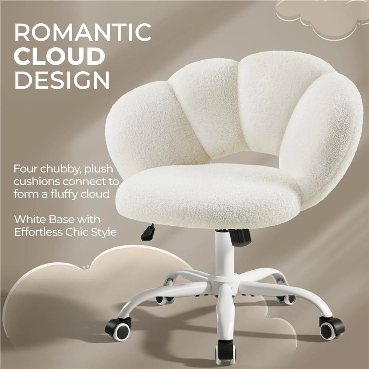 Fauteuil de bureau Yaheetech en forme de nuage – Ergonomique, bouclé, 60 × 70 × 72–82 cm – Blanc