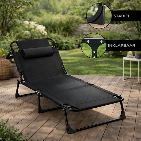 Outbee Lounger - Chaise longue - Lit de soleil - 190x55x30 cm - Pliable - Réglable - Résistant aux intempéries - Noir