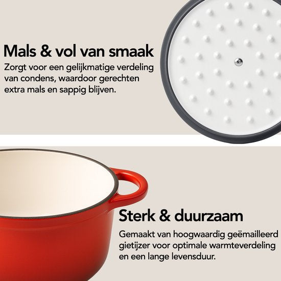 Casserole en fonte Aviro - Ø26CM - 5L - Toutes sources de chaleur y compris induction - Ragoût - Sans PFAS - Avec couvercle - Rouge