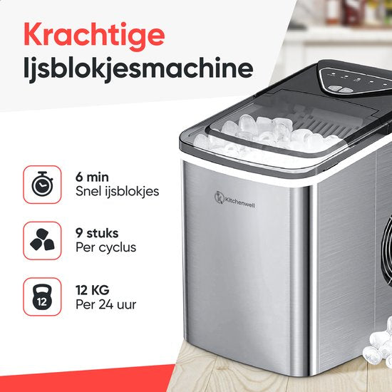 Machine à glaçons Kitchenwell - 2L - 12kg/24 heures - Fonction autonettoyante - Argenté