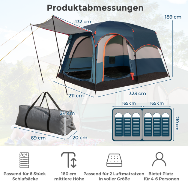Tente de camping Coast pour 6 personnes avec 2 espaces de couchage et une cloison de séparation – Tente familiale avec housse de pluie et auvent – Bleu