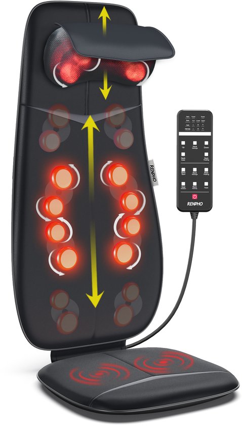 Coussin de massage shiatsu RENPHO - Massage complet du dos et de la nuque - Avec chaleur et vibrations - Zones et intensité réglables - Reconnaissance automatique de la hauteur - Convient à toute chaise - Idéal pour la maison ou le bureau