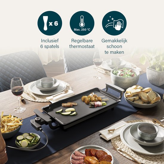 Plaque de cuisson Princess Table Chef 102209 - Gourmet - Plaque de grill - Grill de table - 43 x 23 cm - 6 personnes - Thermostat réglable - 1 800 watts - Teppanyaki - Pour l'intérieur et l'extérieur