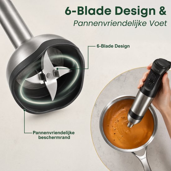 Mixeur plongeant Savoré Kitchen Pro+ 1500 W – Ensemble comprenant un hachoir de 600 ml, un fouet, un mousseur à lait et un verre doseur – 5 vitesses – 6 lames – acier inoxydable