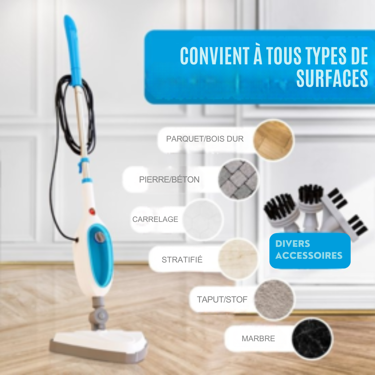 Strex Nettoyeur vapeur 12 en 1 et sèche-main – Appareil de nettoyage à la vapeur – Pour surfaces dures et textiles - Bleu et blanc