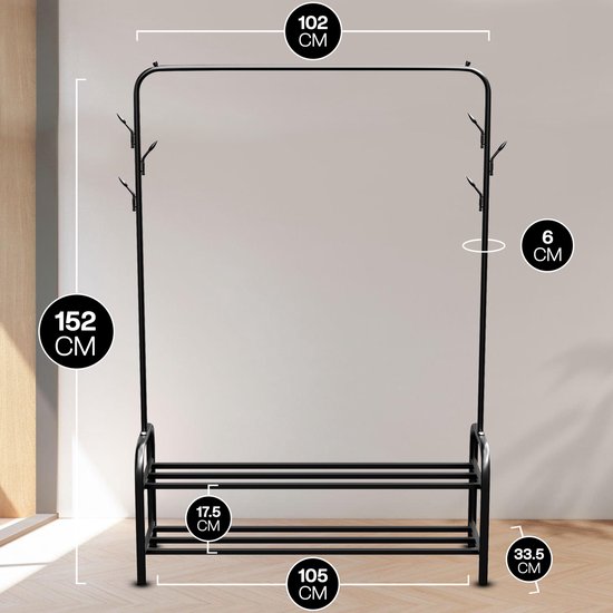 Vonia Rack à vêtements 152 x 34 x 102 cm - Rack à vêtements avec porte-chaussures - Rack à vêtements en métal - Rack de penderie - Noir