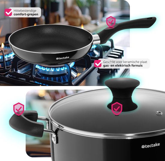 tectake® Ensemble de casseroles 15 pièces - Aluminium avec couvercles en verre - ustensiles inclus - Noir