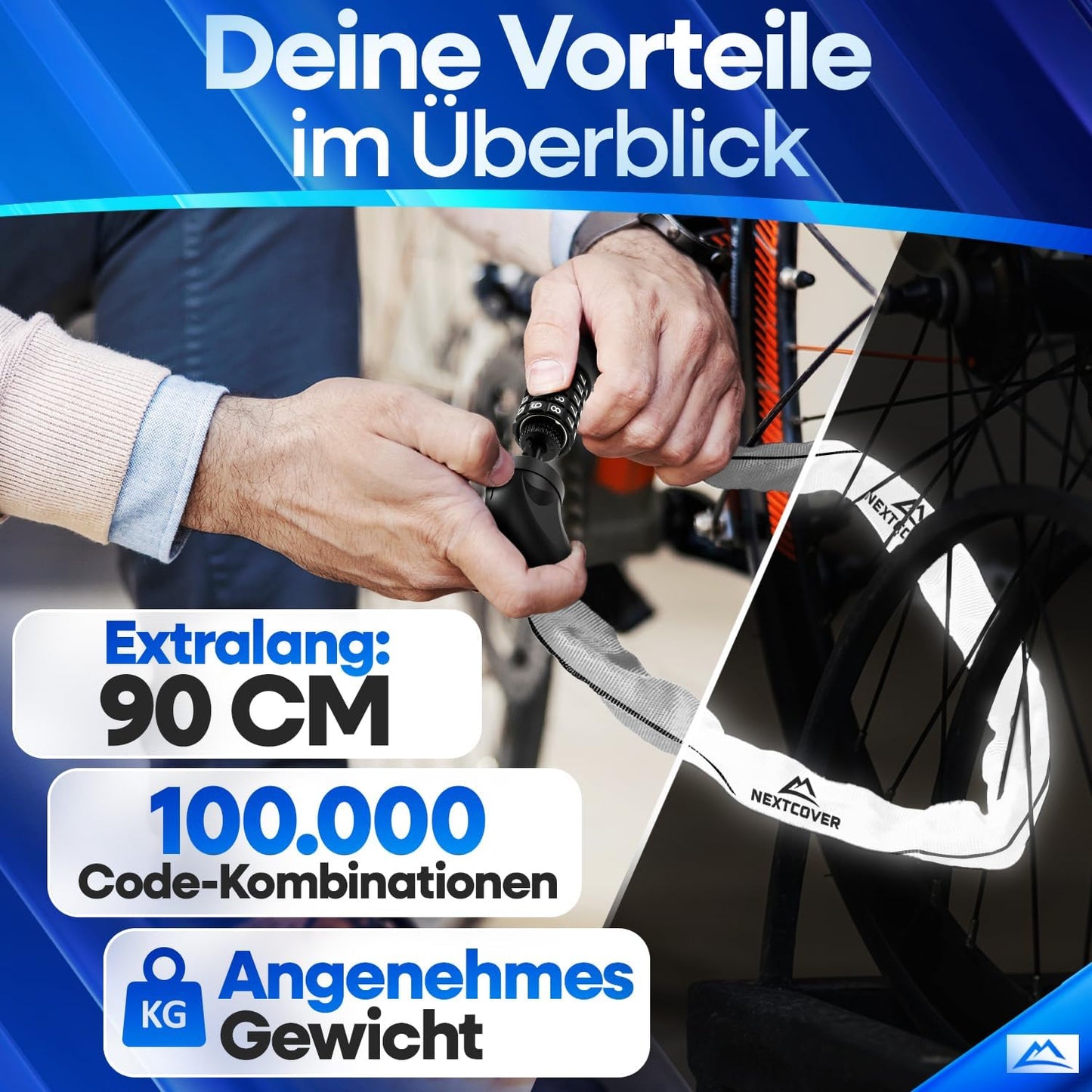 NEXTCOVER® Cadenas pour vélo LockOne avec code de combinaison I - Cadenas à combinaison [SAFESECURE] - Très robuste - 90 cm de long - Réfléchissant