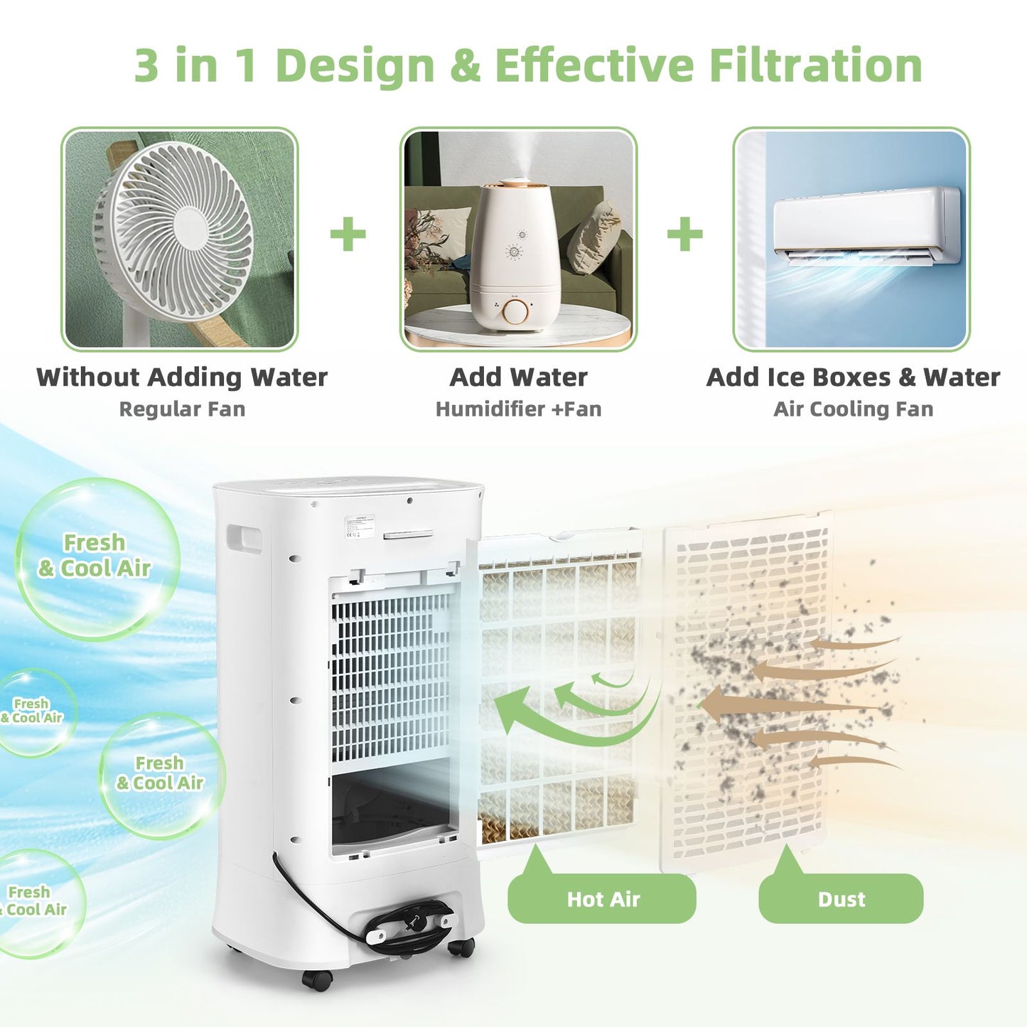 Coast 3-en-1 : ventilateur et humidificateur d'air portable avec réservoir d'eau de 10 L - 39 x 33 x 74 cm  - Blanc