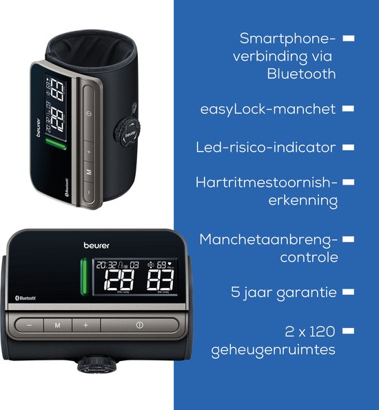 Tensiomètre Beurer BM 81 Smart pour le bras - Brassard EasyLock intégré 24-40 cm - Bluetooth® - Indicateur de risque - Technologie d'inflation - Mémoire pour 2 utilisateurs - Rythme cardiaque irrégulier - Application gratuite : Health Manager pro - Garant