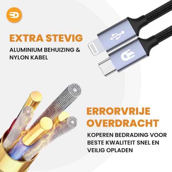 Drivv. Câble de charge USB C pour iPhone et Apple - Câble USB C à 8 broches - Chargement rapide - Câble de charge - Nylon - Gris - 3 mètres