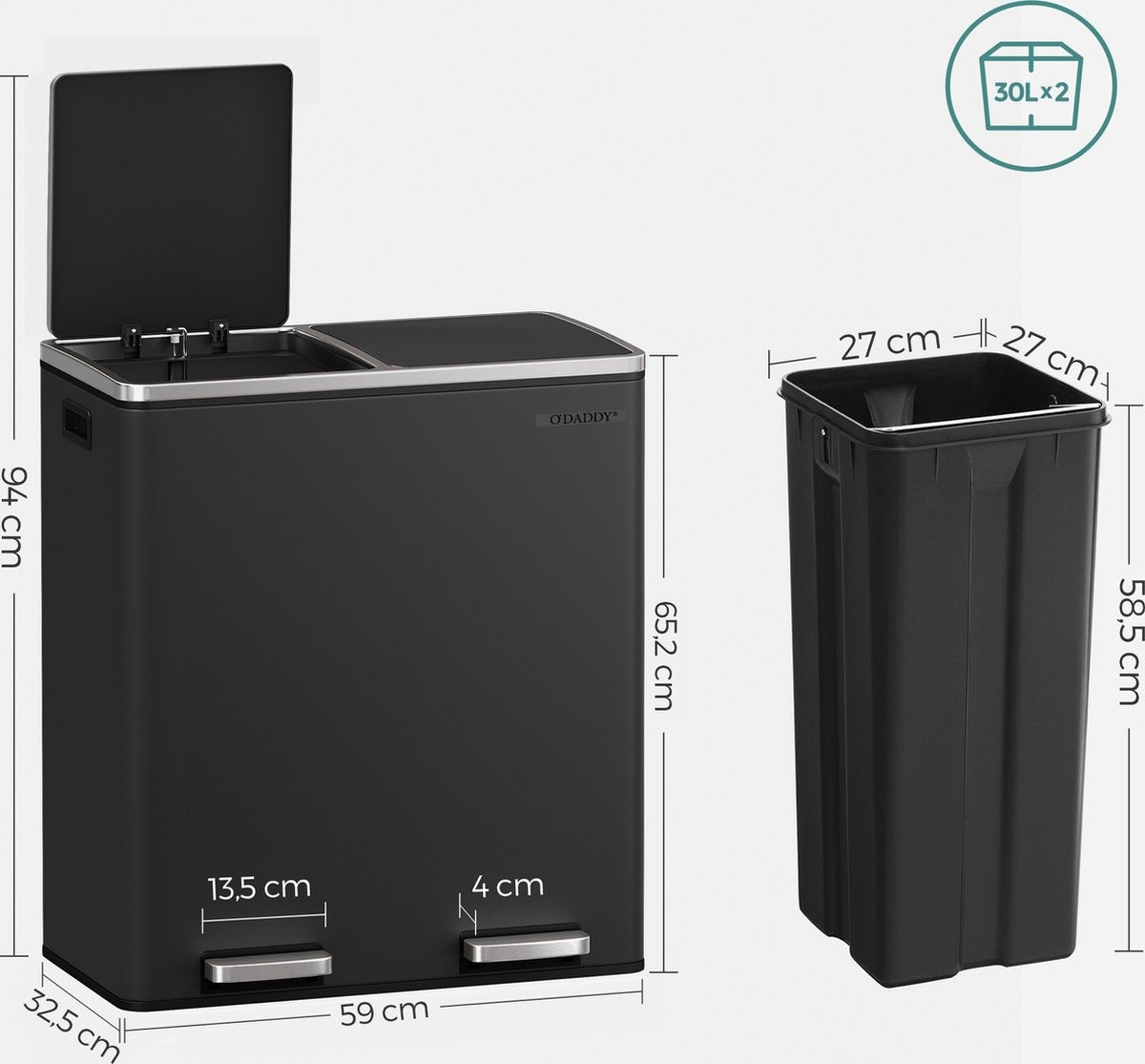 Poubelle O'DADDY® - 60L (2x 30L) - à pédale - 59 x 65 x 32 cm - Noir