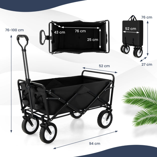 Chariot pliable - Capacité jusqu'à 68 kg - Avec poignée de poussée et de traction réglable, porte-gobelets et cadre en acier - Noir