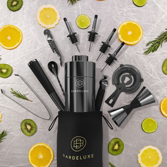 BarDeluxe® Cocktail Set - 12-Piece - Cocktail Shaker 750 ml - Stainless Steel - Includes Luxury Gift Box - Storage Bag & Recipe Book - Black