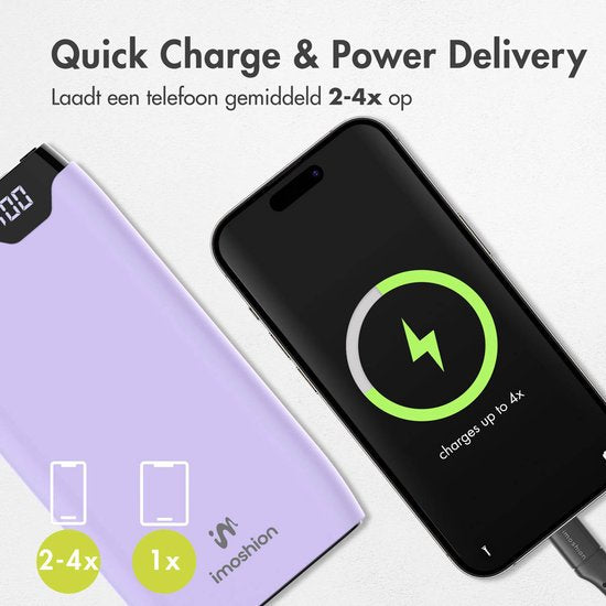 imoshion Powerbank 20000 mAh - Chargeur rapide 22,5W - Indicateur LED - USB C & USB A - Convient à iPhone et Samsung, entre autres - Universel - Lilas